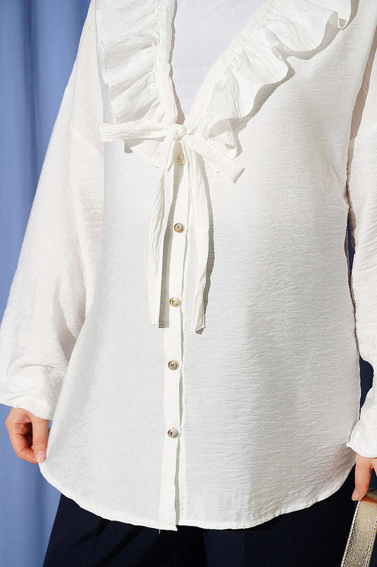 Ruffled V-Neck Gold Button Shirt White