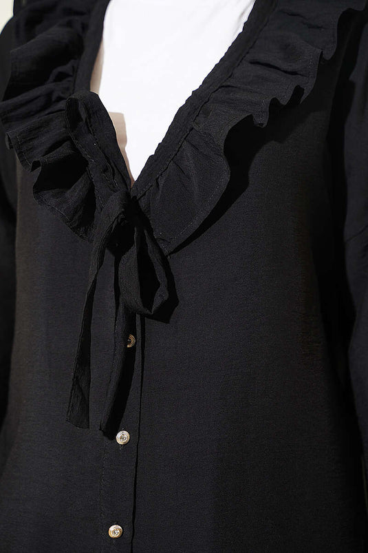 Ruffled V-Neck Gold Button Shirt Black