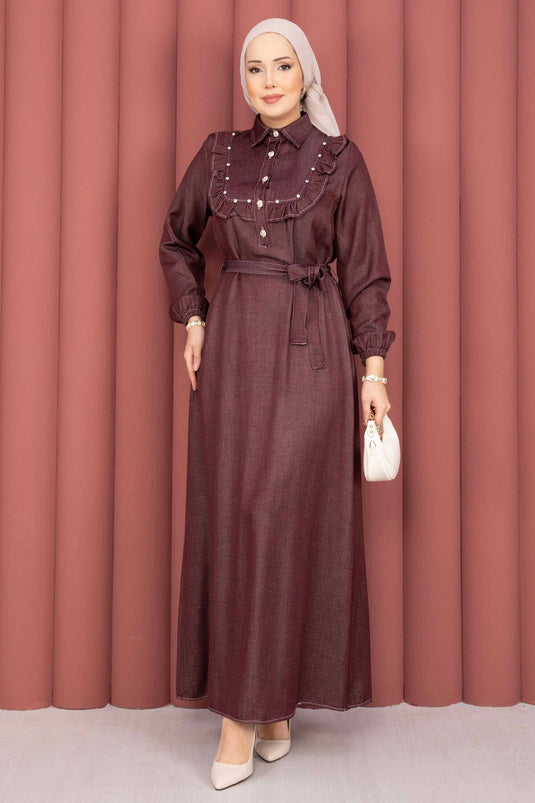 Robe en denim tensel bordeaux à col volanté et demi-patte de boutonnage
