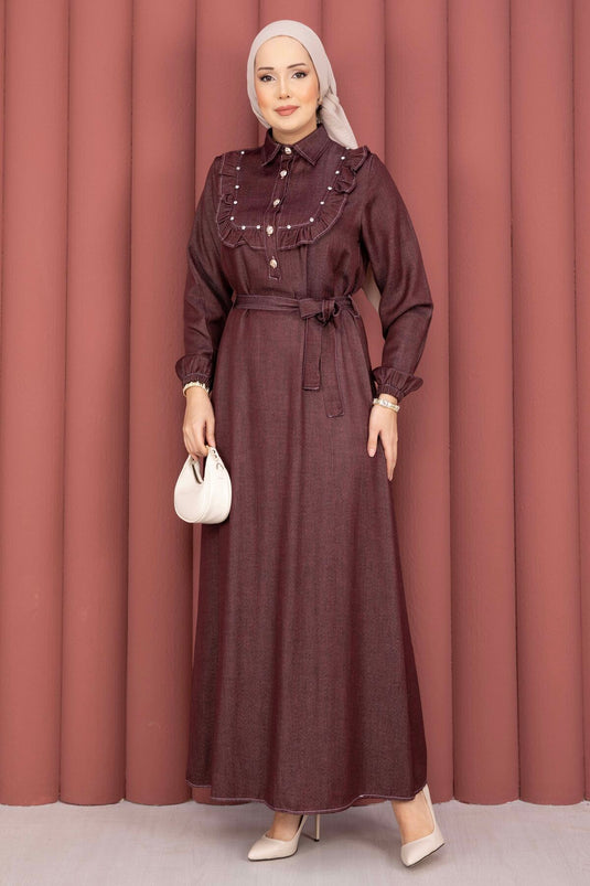 Ruffled Collar Half-Button Tencel Denim Dress Burgundy