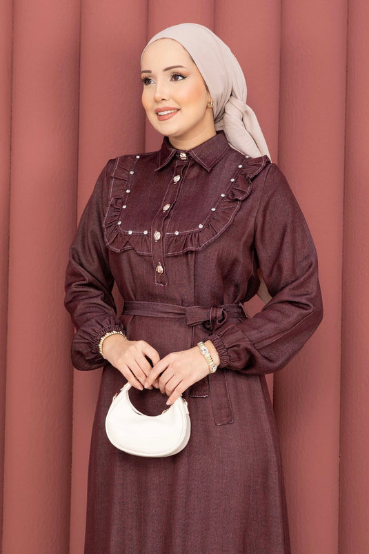 Ruffled Collar Half-Button Tencel Denim Dress Burgundy