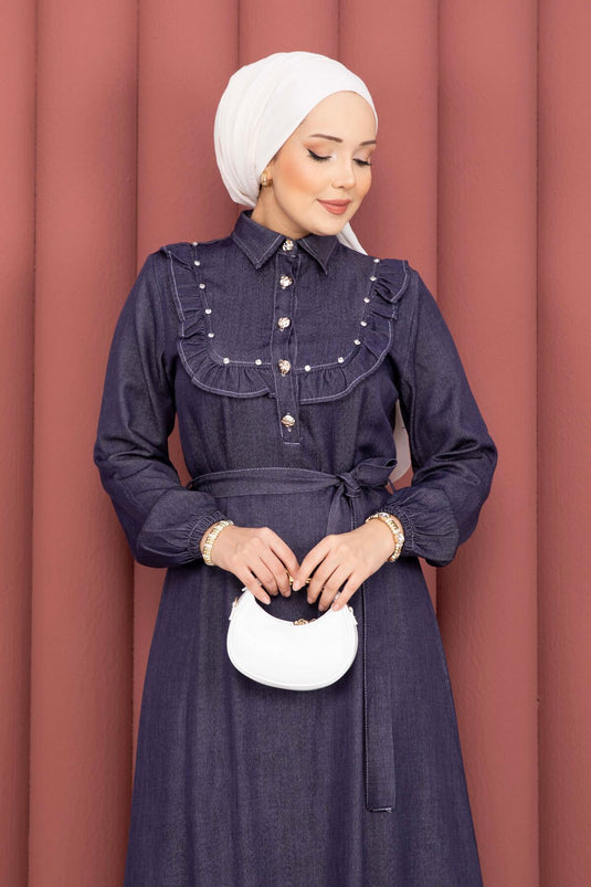 Ruffled Collar Half-Button Tencel Denim Dress Navy Blue