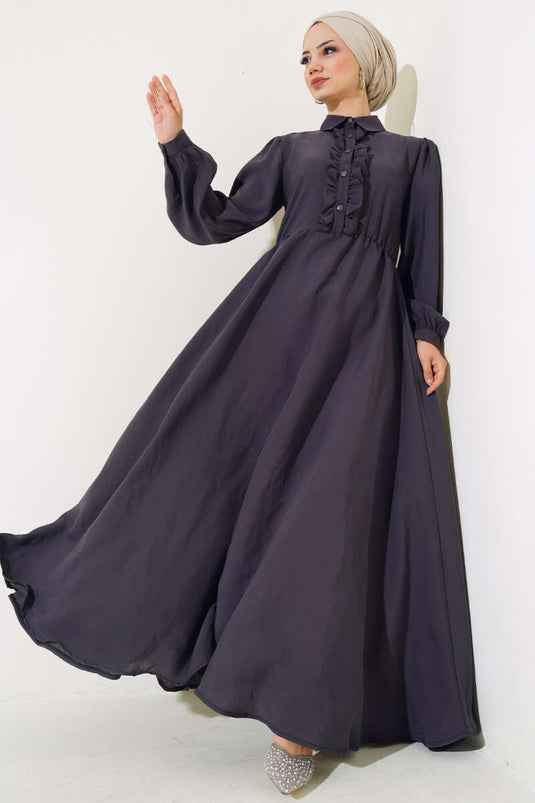 Robe Semi-Plissée à Volants Fumé