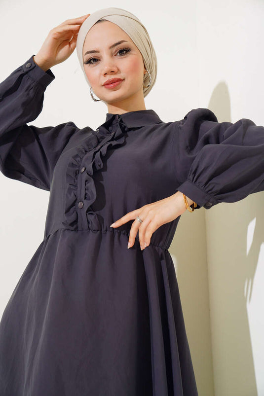 Robe Semi-Plissée à Volants Fumé