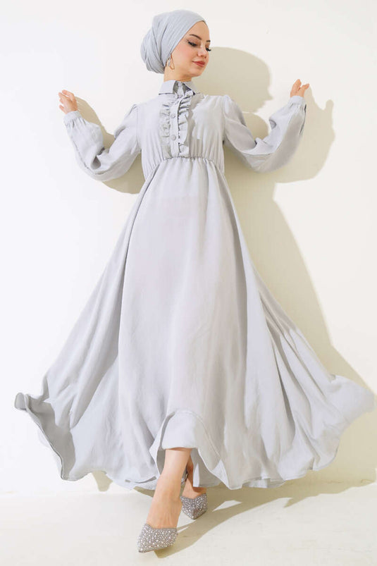 Robe Semi-Plissée À Volants Gris