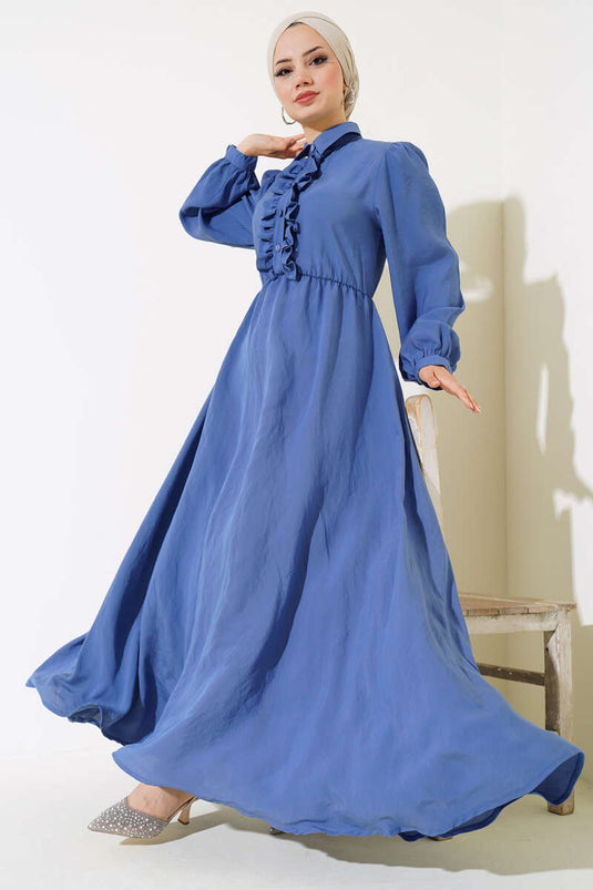 Robe Semi-Plissée à Volants Indigo