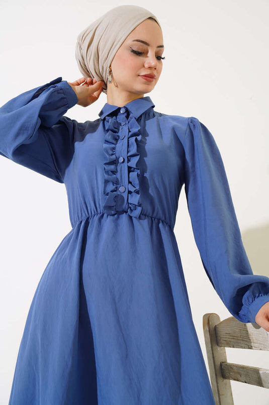 Robe Semi-Plissée à Volants Indigo