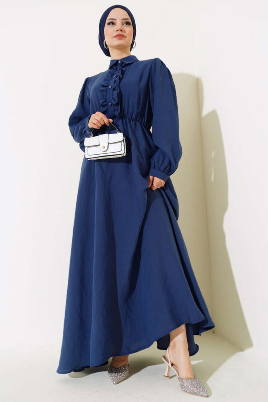 Robe Semi-Plissée à Volants Bleu Marine