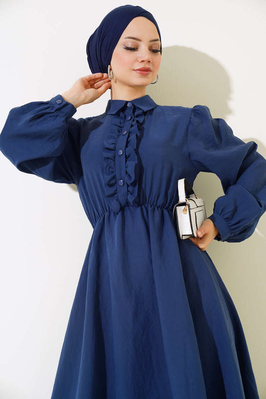 Robe Semi-Plissée à Volants Bleu Marine