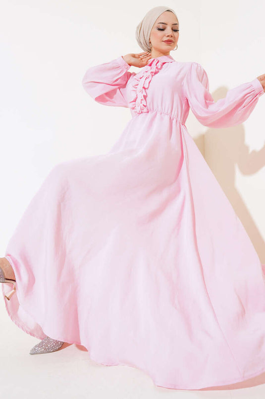 Robe Semi-Plissée À Volants Rose