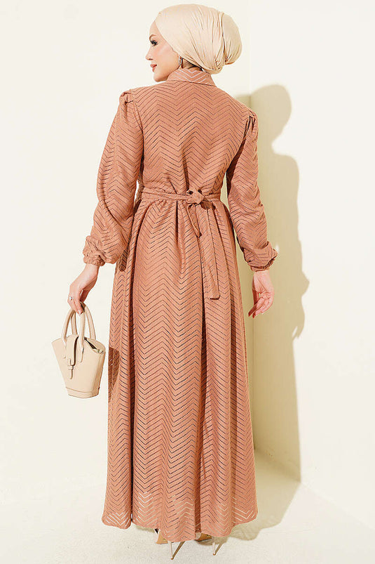 Fırfırlı Zigzag Desenli Elbise Camel
