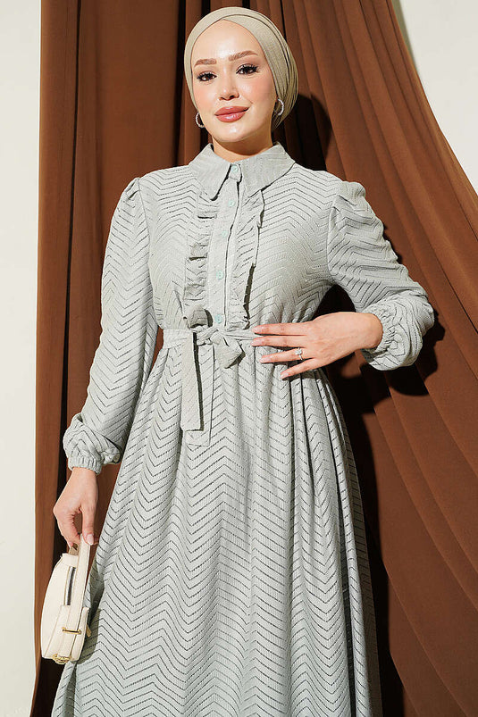 Fırfırlı Zigzag Desenli Elbise Mint