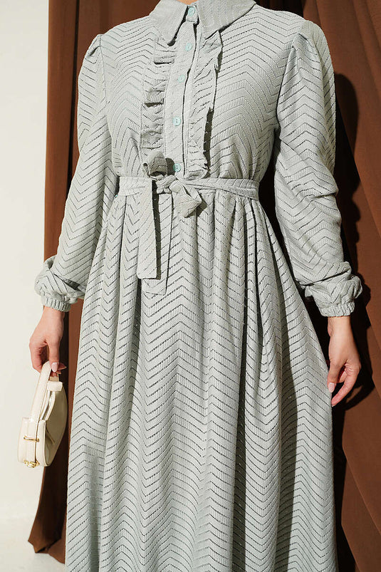 Fırfırlı Zigzag Desenli Elbise Mint