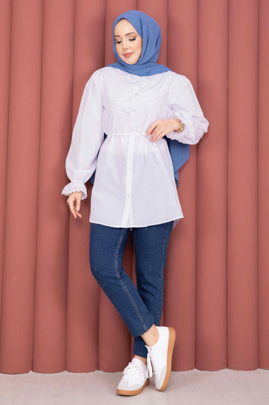 White Shirt with Fist Detail and Drawstring