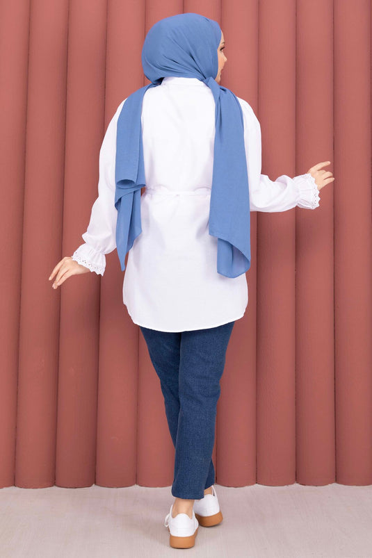 White Shirt with Fist Detail and Drawstring