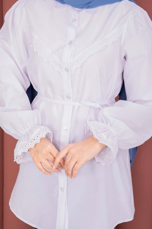 White Shirt with Fist Detail and Drawstring