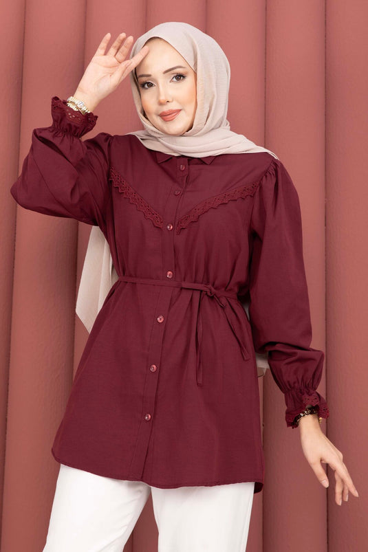 Bluse mit Fischnetz-Details und Schnürung, Bordeaux