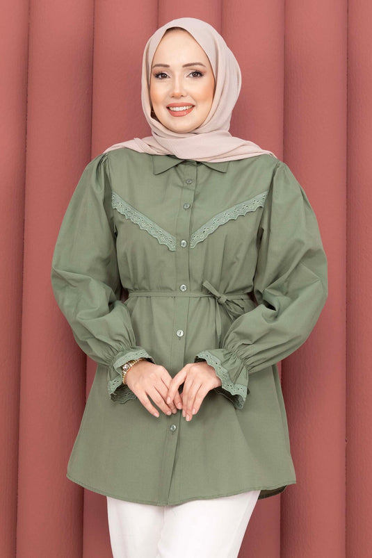 Fisto-Detail Bluse mit Kordelzug in Khaki
