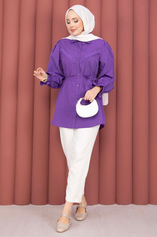 Chemise à lacets avec détails en dentelle lilas