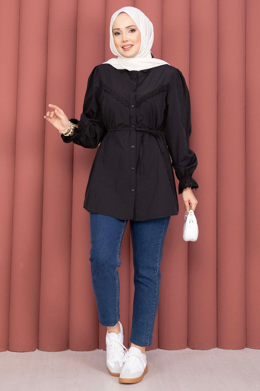 Black Shirt with Fist Detail and Drawstring