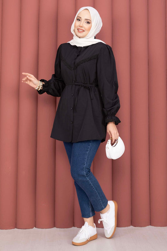 Black Shirt with Fist Detail and Drawstring