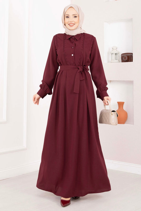 Robe Modeste à Ceinture avec Détail en Fils Bordeaux
