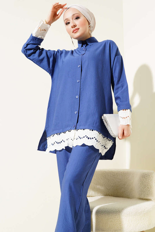Scallop Gedetailleerde Tuniek Tweedelig Set Indigo