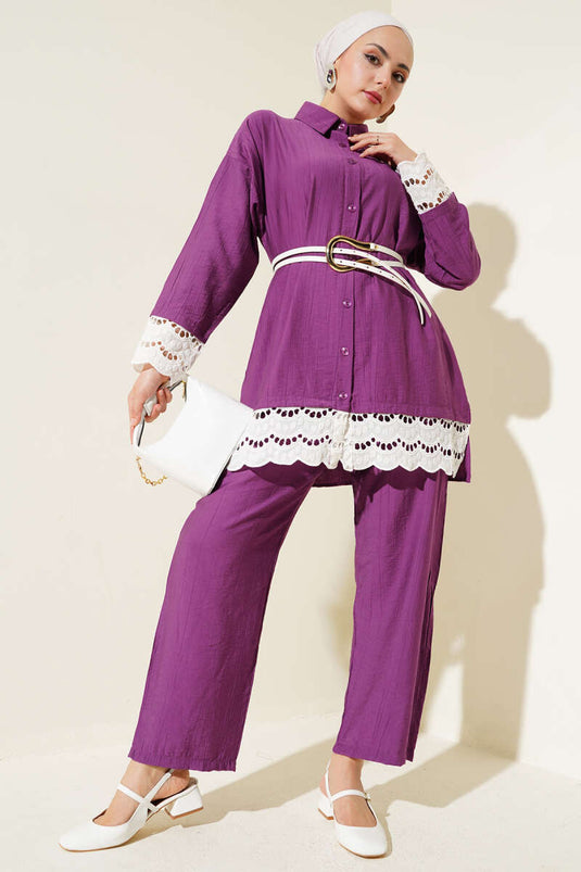 طقم تونيك مزين بتفاصيل صدفية من قطعتين - أرجواني