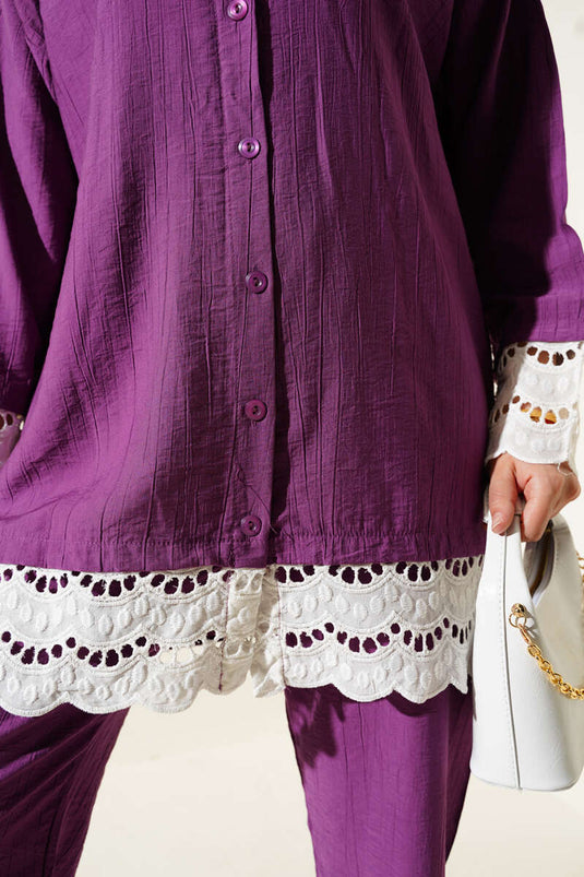 طقم تونيك مزين بتفاصيل صدفية من قطعتين - أرجواني