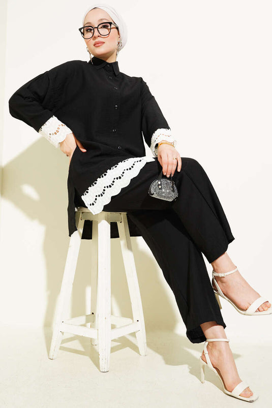 Scallop Detailed Tunic Two Piece Set Black