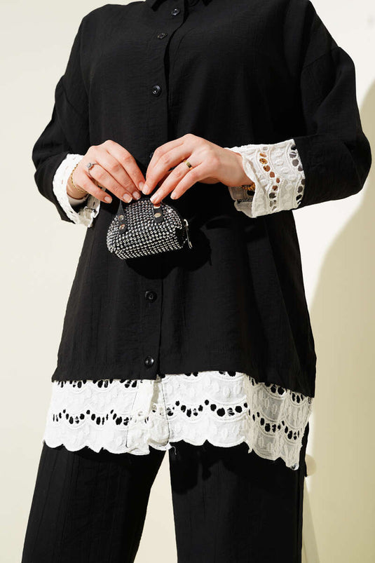 Scallop Detailed Tunic Two Piece Set Black