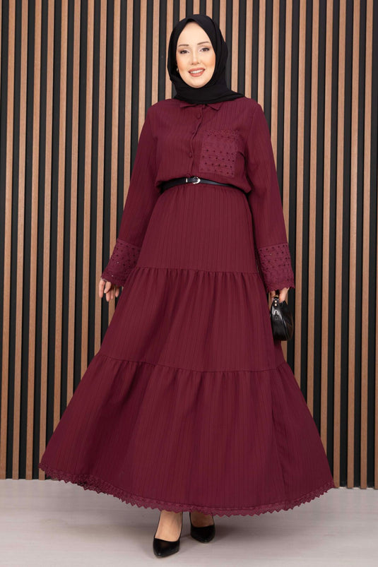 Ensemble deux pièces chemise à manches fendues et jupe bordeaux