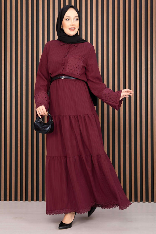 Ensemble deux pièces chemise à manches fendues et jupe bordeaux