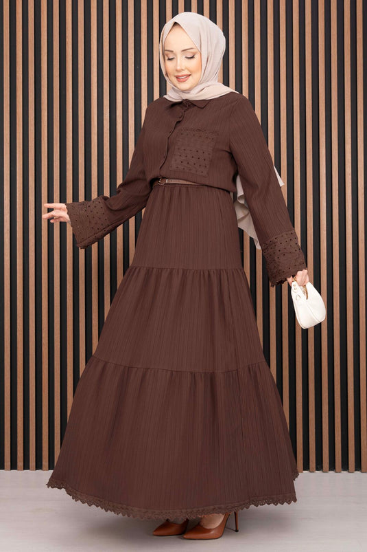 Eyelet Shirt and Skirt Two-Piece Set Brown