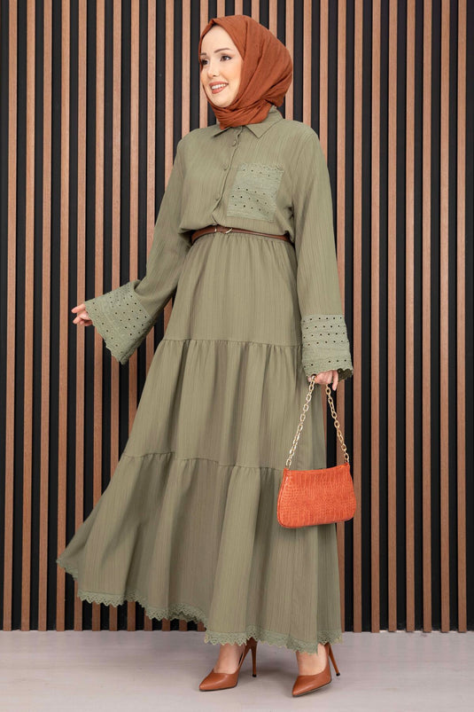 Eyelet Shirt and Skirt Two-Piece Set Olive Green