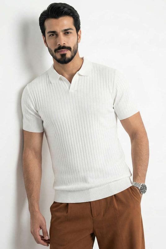 Ribbed Open Polo Collar Men's Knitted Shirt White
