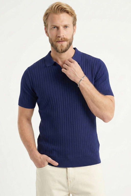 Fitilli Açık Polo Yaka Erkek Triko T-shirt Lacivert
