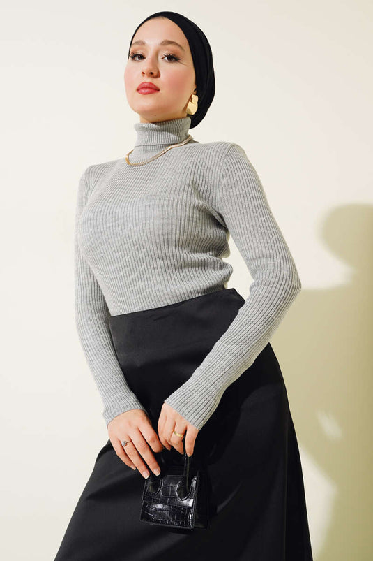 Ribbed Turtleneck Knit Sweater Grey