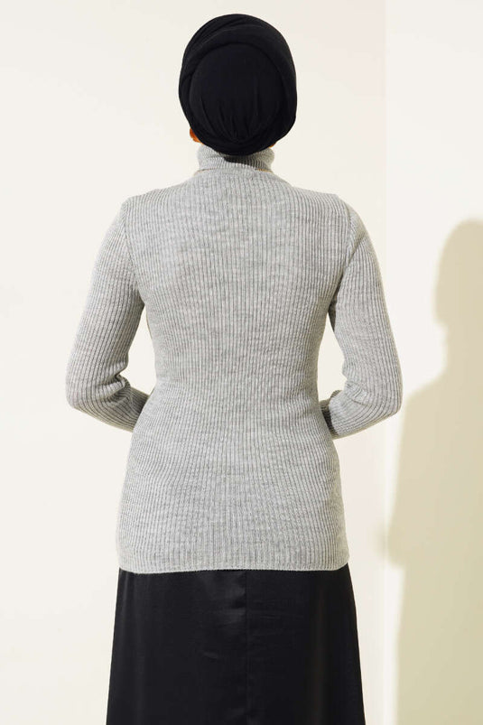Ribbed Turtleneck Knit Sweater Grey