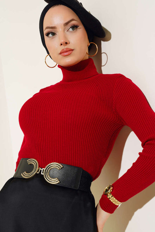 Fitilli Balıkçı Yaka Triko Kazak Kırmızı