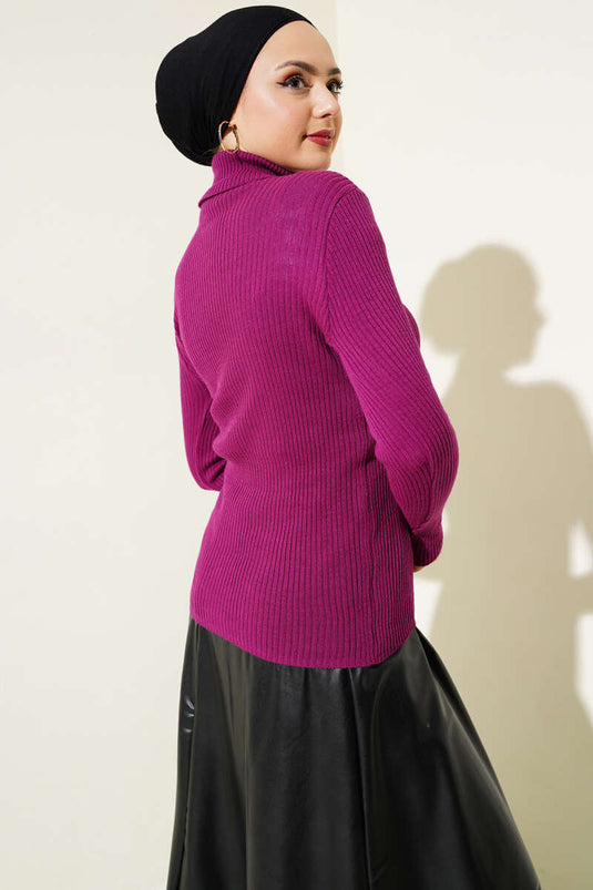 Ribbed Fisherman Neck Knit Sweater Purple