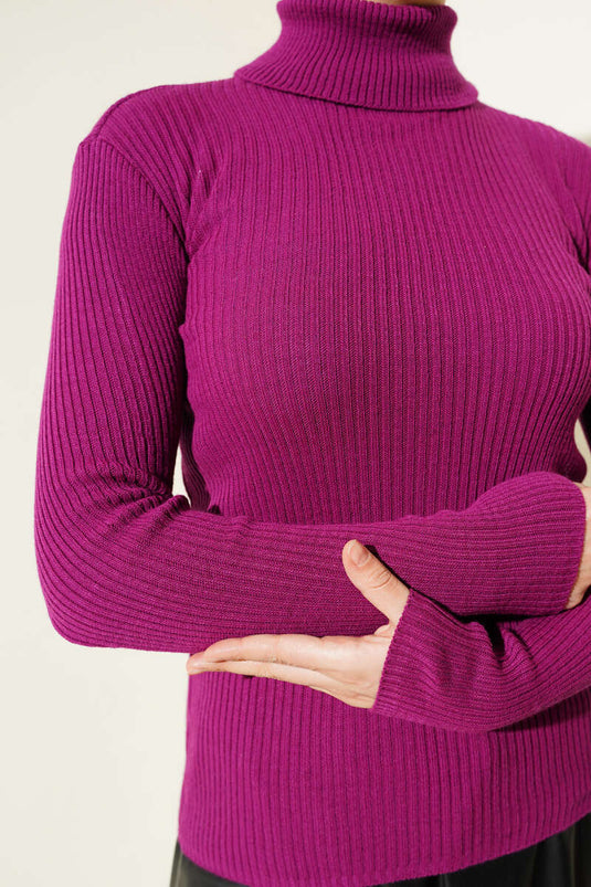 Ribbed Fisherman Neck Knit Sweater Purple