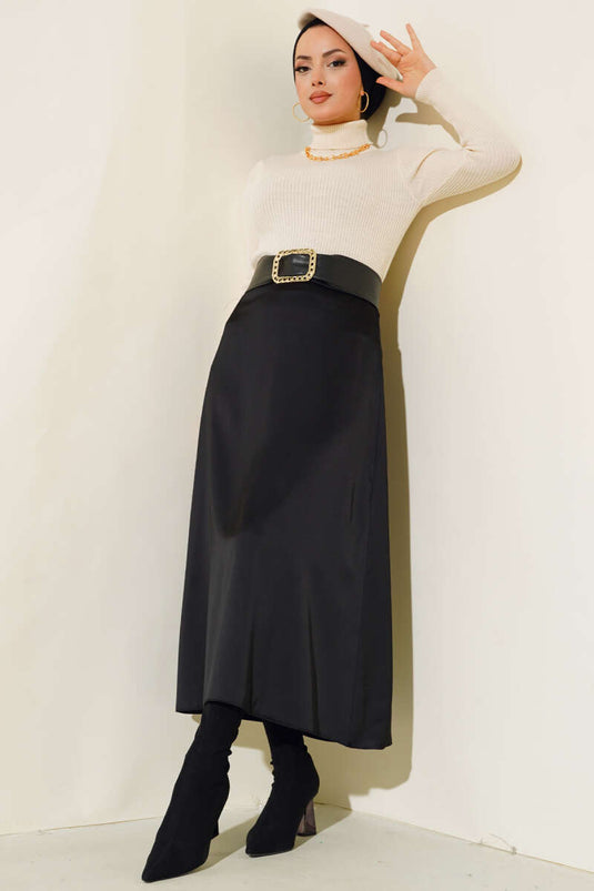 كنزة صوفية محبوكة بياقة عالية مضلعة بلون حجري