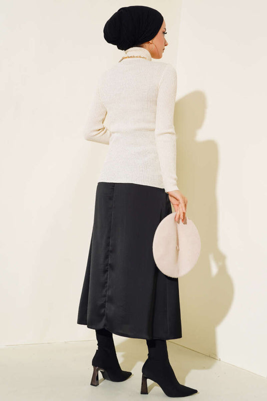 كنزة صوفية محبوكة بياقة عالية مضلعة بلون حجري