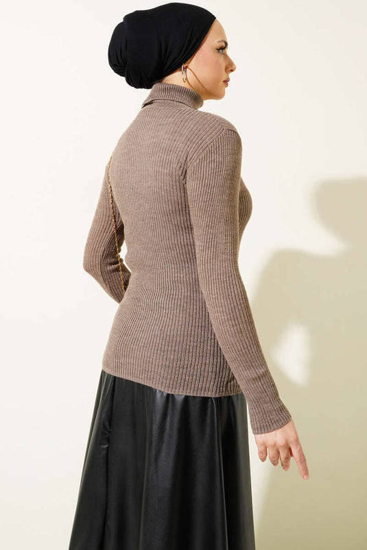 Ribbed Turtleneck Knit Sweater, Mink