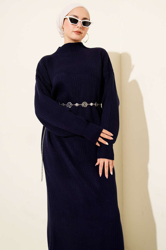 Fitilli Basic Triko Elbise Lacivert