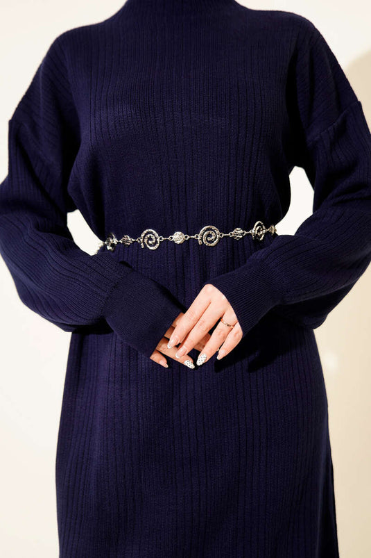 Fitilli Basic Triko Elbise Lacivert