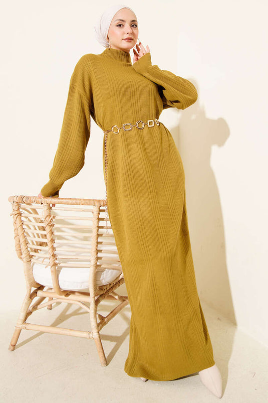 Fitilli Basic Triko Elbise Yağ Yeşili