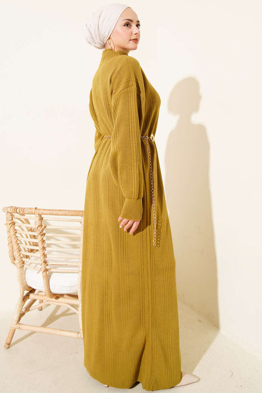 Fitilli Basic Triko Elbise Yağ Yeşili