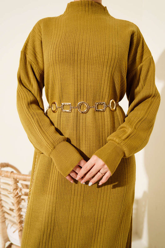 Fitilli Basic Triko Elbise Yağ Yeşili